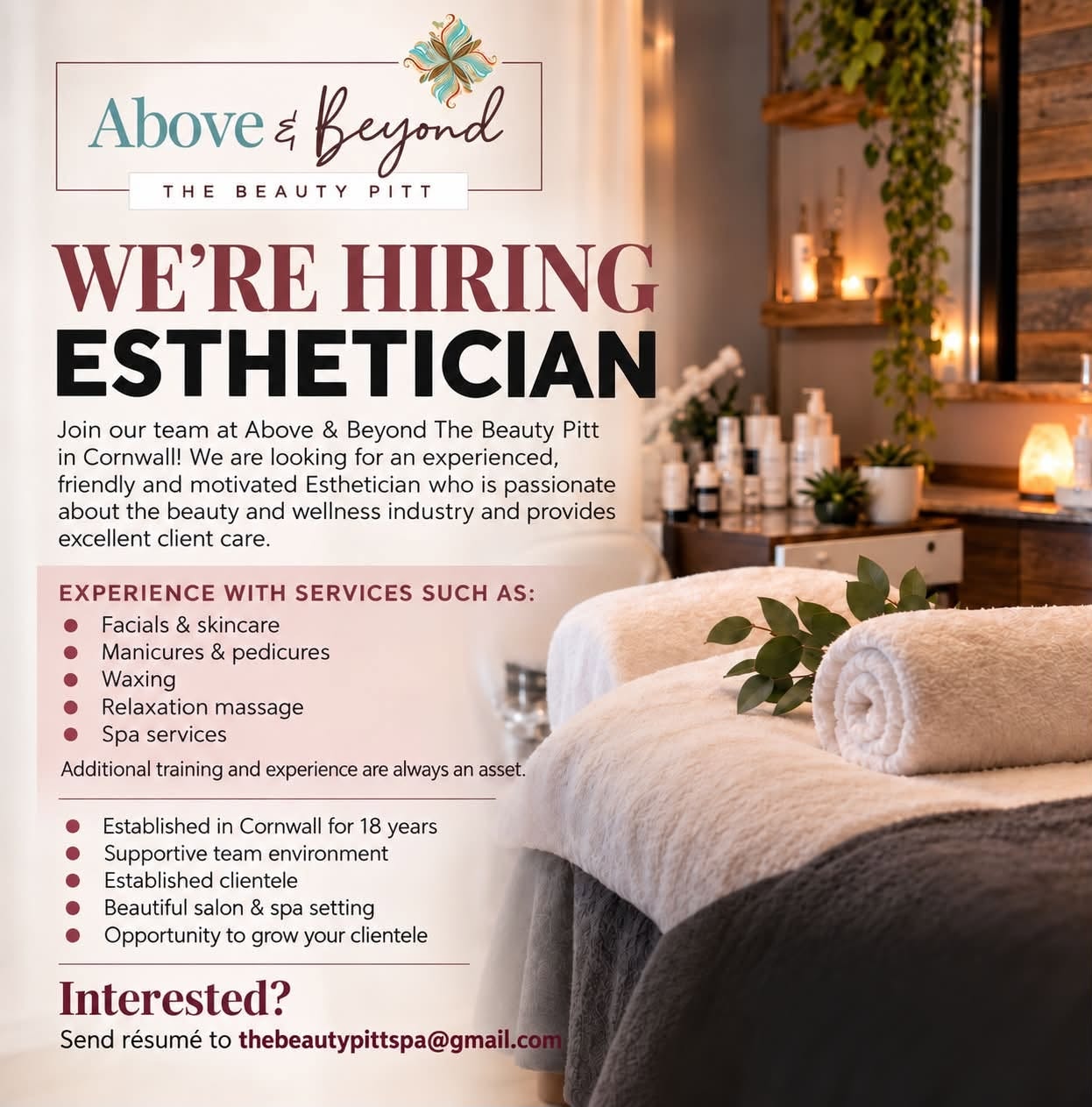 We're Hiring Esthetician — Above & Beyond The Beauty Pitt